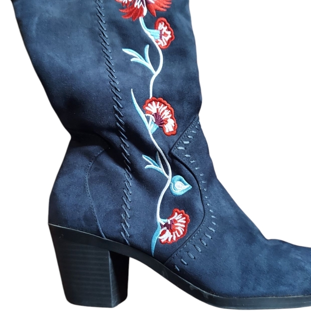 Carlos by Carlos Santana Alexia Floral Embroidered Knee-High Boots - Navy Blue - Picture 2 of 8